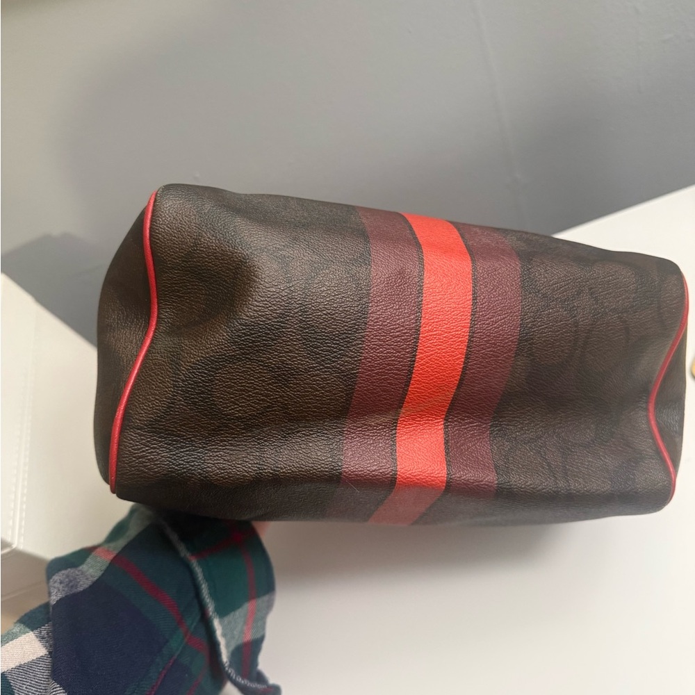 👜 Coach Leather Mini Satchel w/ Signature Stripe – Red & Brown - Picture 9 of 12